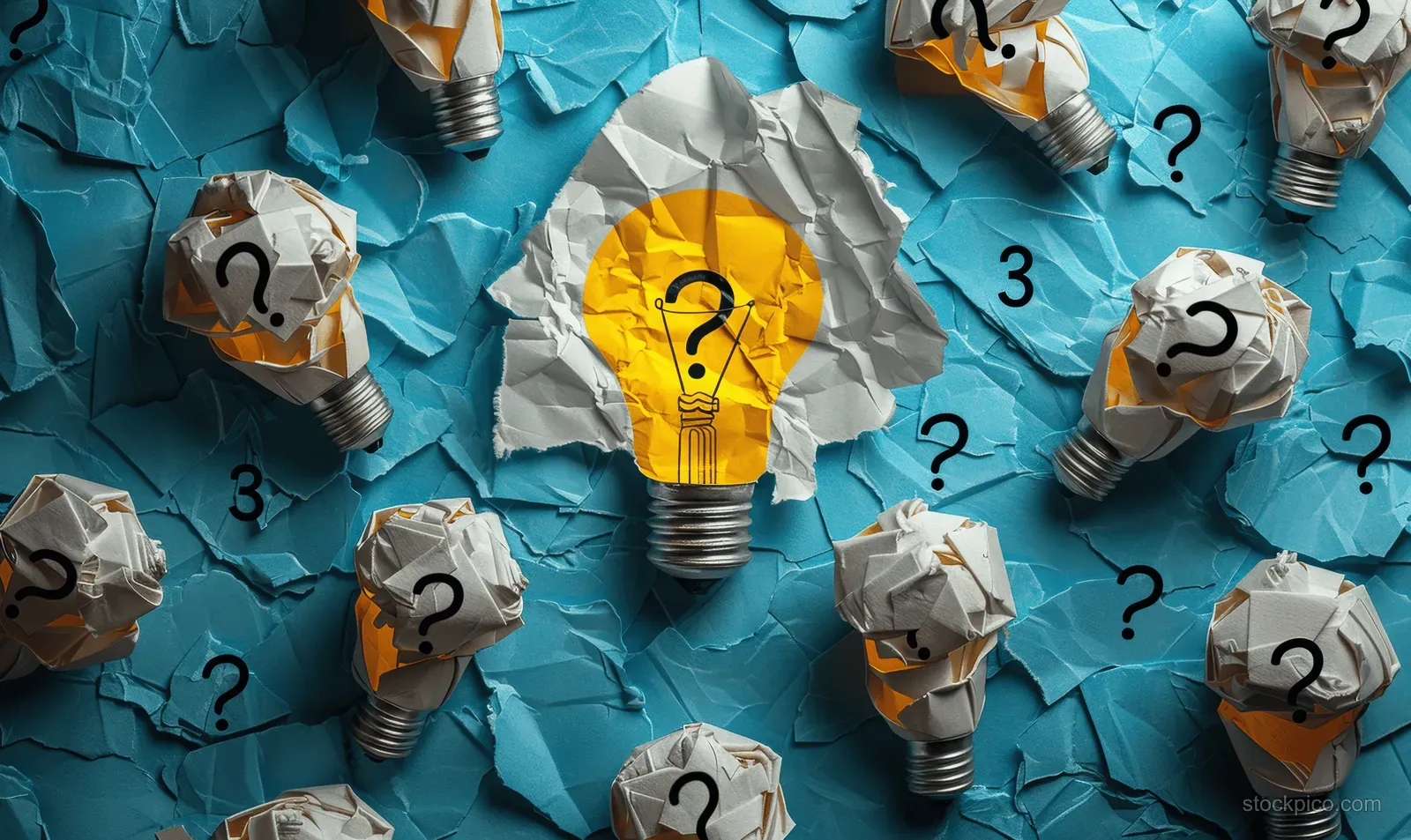 Glowing yellow lightbulb surrounded by crumpled lightbulb icons and question marks on torn blue paper.
