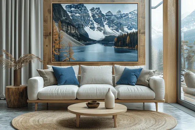Cozy farmhouse living room with a tufted sofa and a wooden-framed winter mountain landscape photo in natural sunlight.
