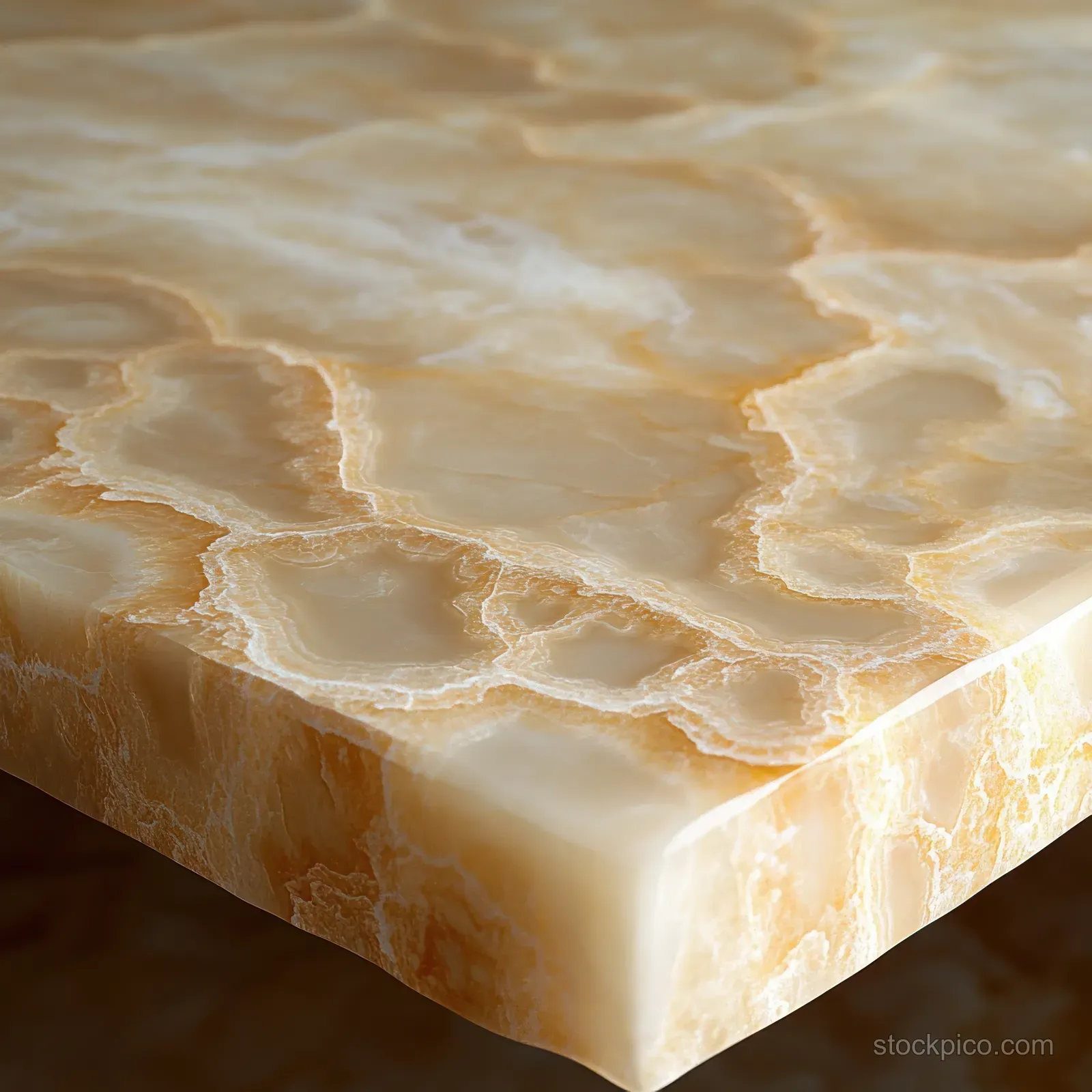 Polished beige marble slab corner with intricate natural veining and soft light reflection.
