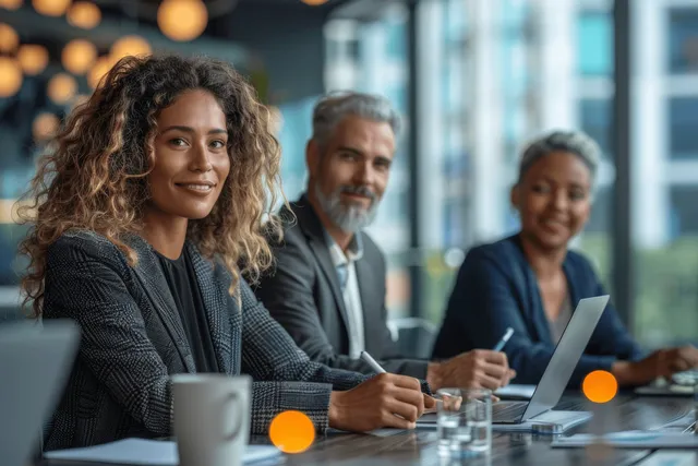 Three professionals sit at a conference table with laptops in a modern office.