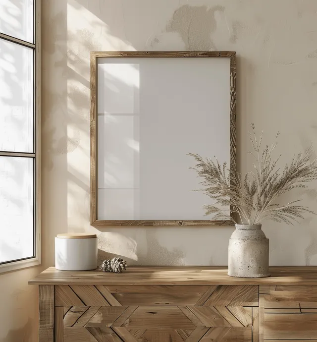 A blank rustic wooden picture frame on a Scandinavian sideboard with vases and candle under soft window light.