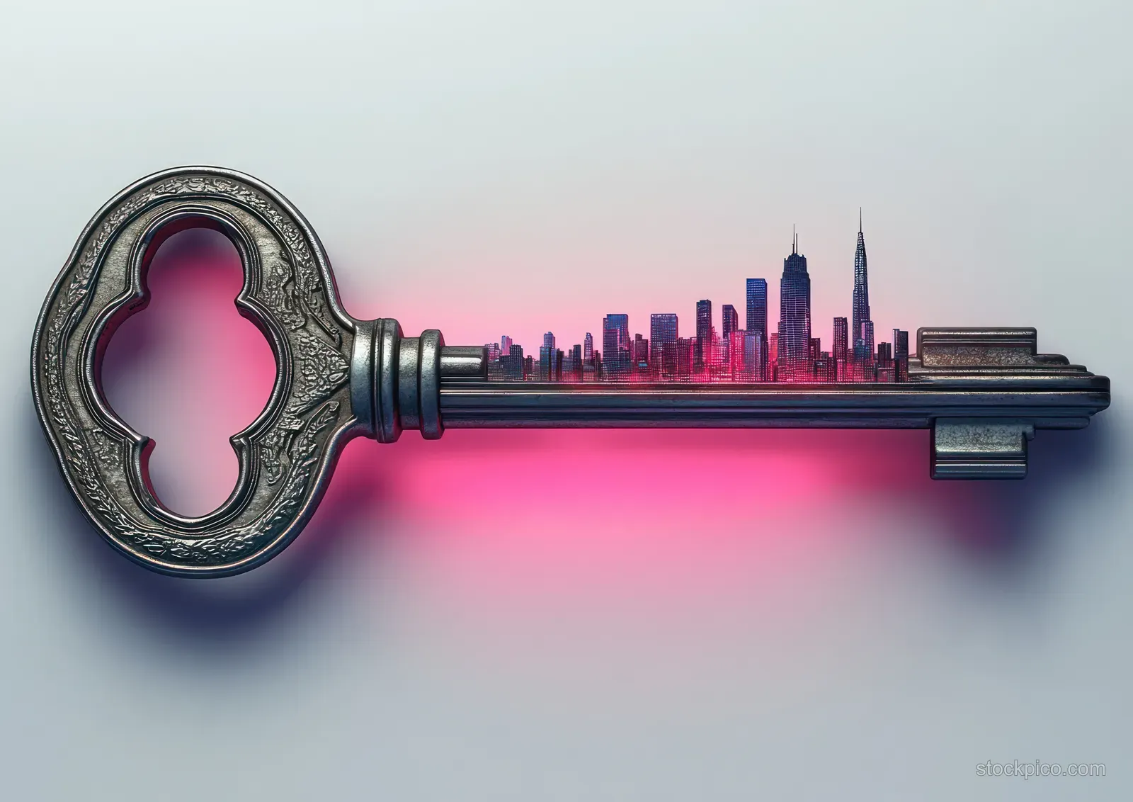 Chrome key with a glowing city skyline silhouette emerging from its barrel on a dusk gradient background.