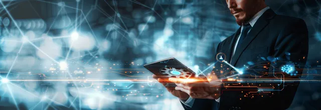 A businessman holds a tablet showing a holographic AI robot interface with glowing network connections in an office.