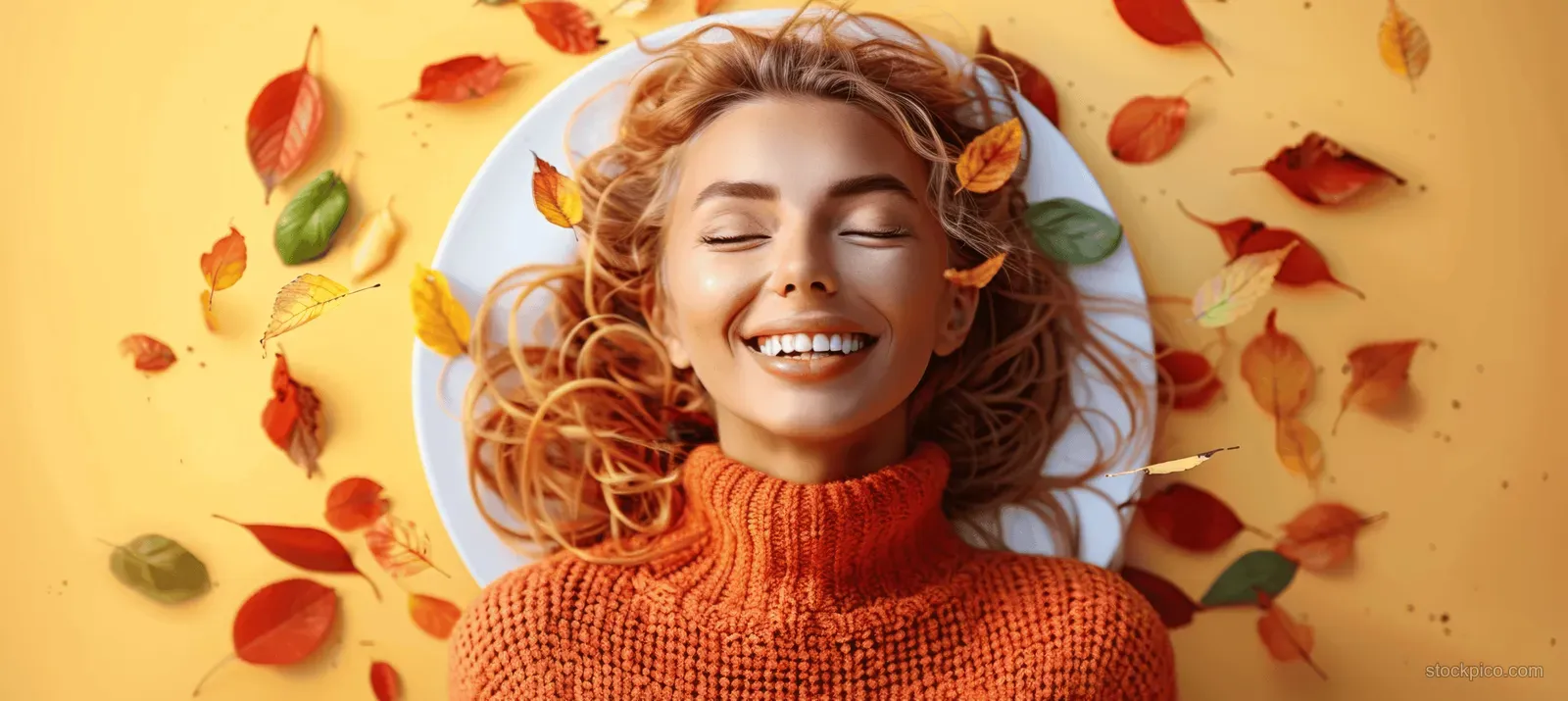 A smiling woman throws autumn leaves upward wearing an orange sweater against a yellow studio background.