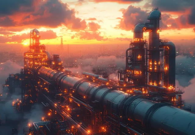 Futuristic hydrogen pipeline station with glowing storage tanks at sunset