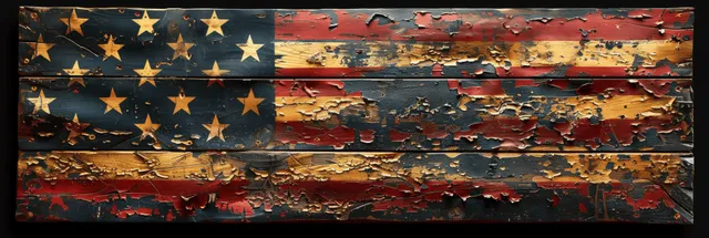 Estrellas y franjas desgastadas de la bandera estadounidense pintadas sobre una tabla de madera envejecida con rojo, blanco y azul deteriorados.