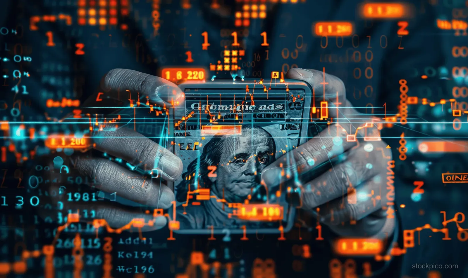 Hands hold a smartphone with glowing forex charts, currency icons, and numbers in a digital finance background.