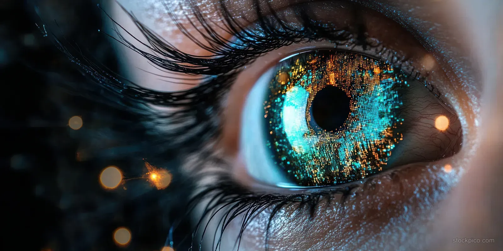 Macro close-up of a human eye showing eyelashes and an iris reflecting glowing blue and orange digital data.