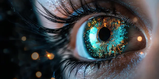 Macro close-up of a human eye showing eyelashes and an iris reflecting glowing blue and orange digital data.