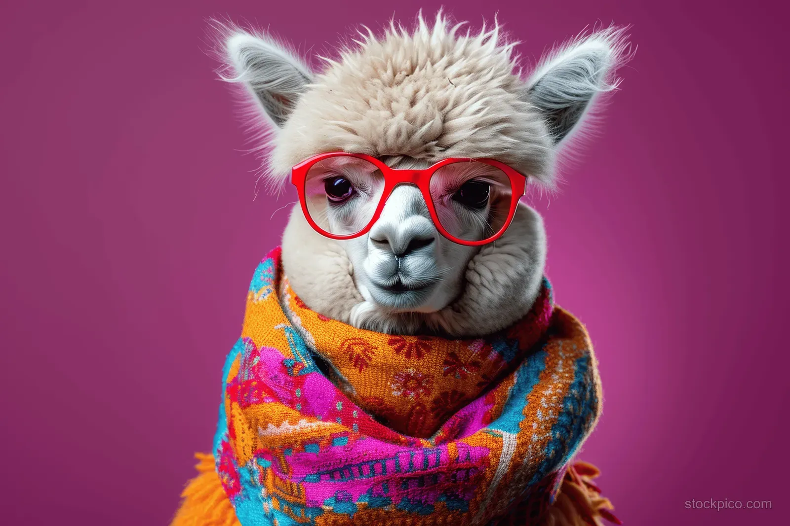 Alpaca wearing red glasses and a bright knitted outfit posed against a purple background.