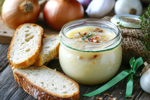 Rustic soup jar on wooden table with onions, bread slices, and green ribbon garnish
