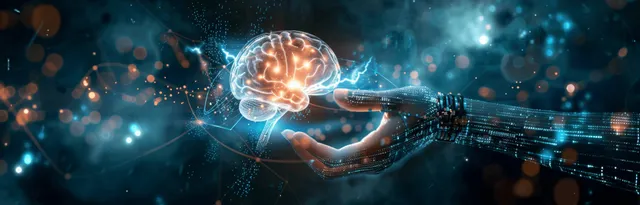 Robot and human hands meet a glowing hologram brain above a data network
