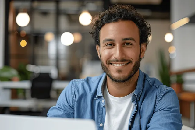 Smiling Arabian man in blue shirt working on laptop at modern office desk