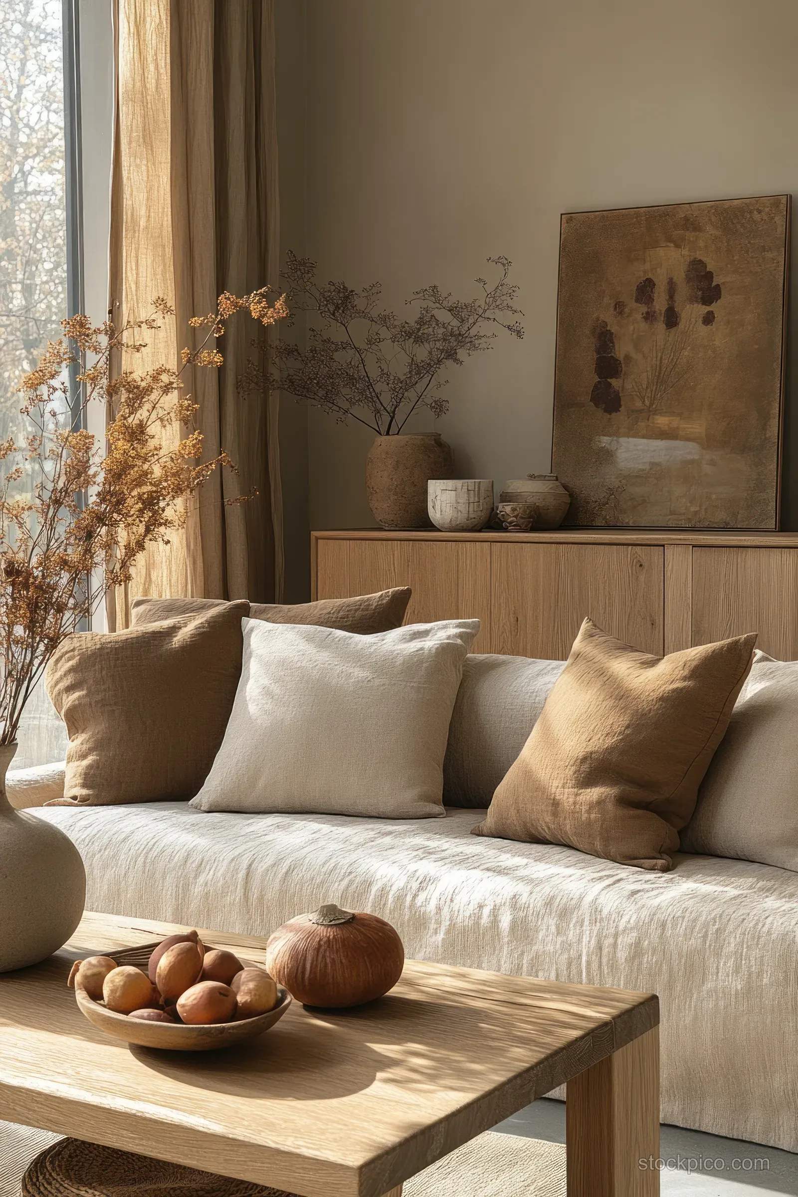 A minimalist Scandinavian wooden cabinet complements the bright, neutral decor of a modern living room filled with soft daylight.
