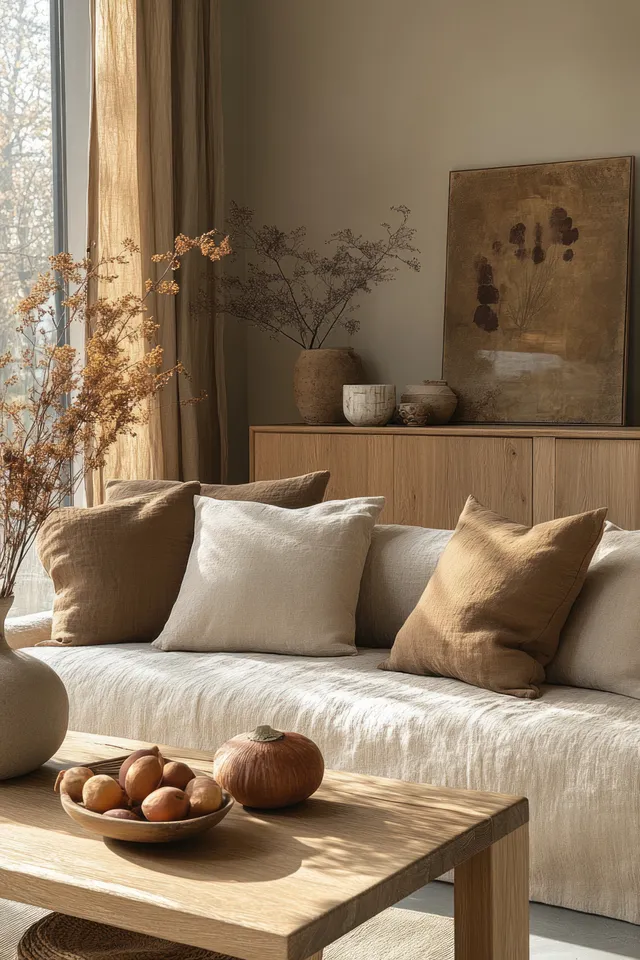 A minimalist Scandinavian wooden cabinet complements the bright, neutral decor of a modern living room filled with soft daylight.