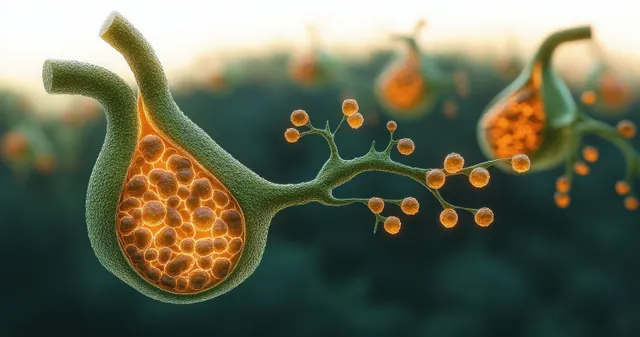 Orange spore spheres cling to branching green fungal stems in a soft-focus microscopic scene.