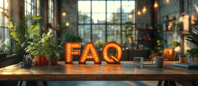Glowing 3D FAQ letters sit on an office desk with soft window light and blurred plants and workspace behind.