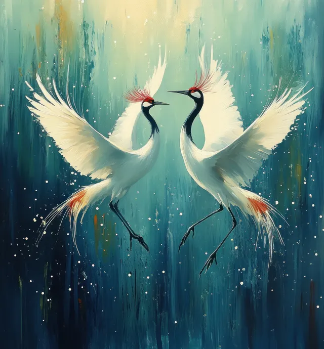 Two red-crowned cranes dance in watercolor splash, blue sky, flowing brushstroke light
