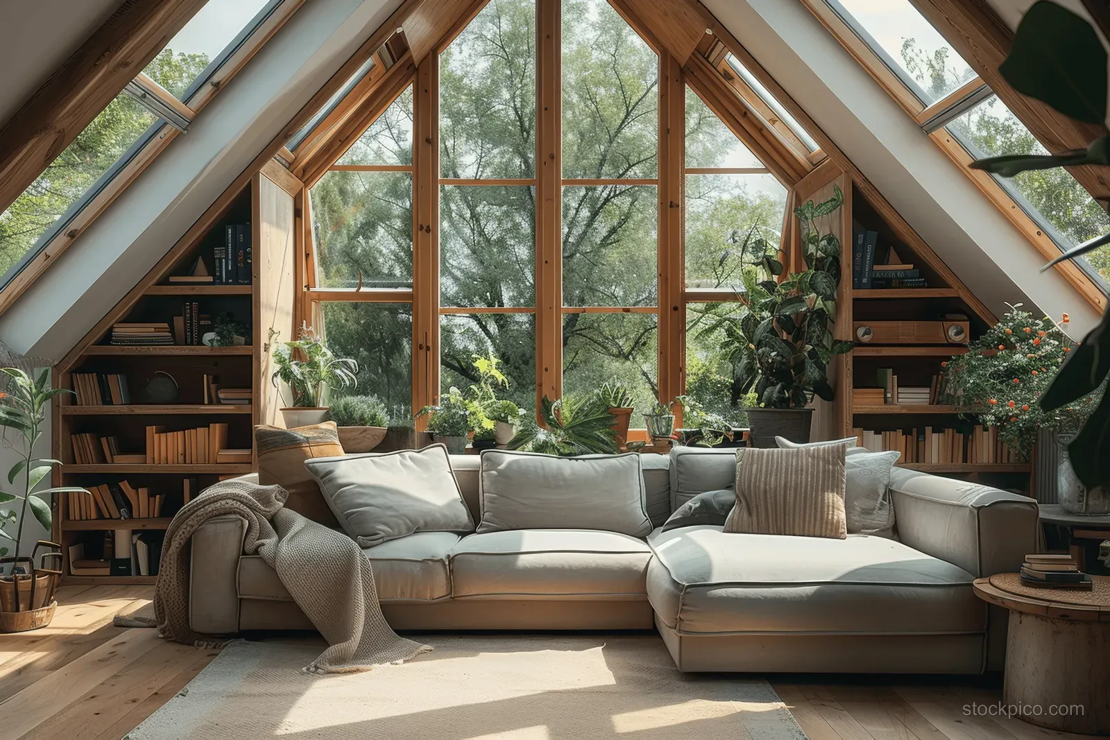 Attic living room with skylights, a linen sectional sofa, wooden bookshelves, and potted plants.