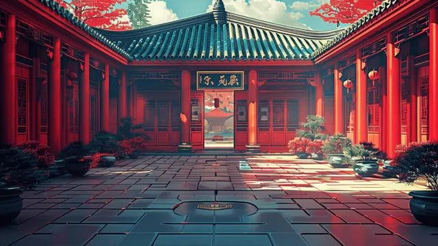 Traditional Chinese courtyard entrance with red walls, lanterns, and potted plants