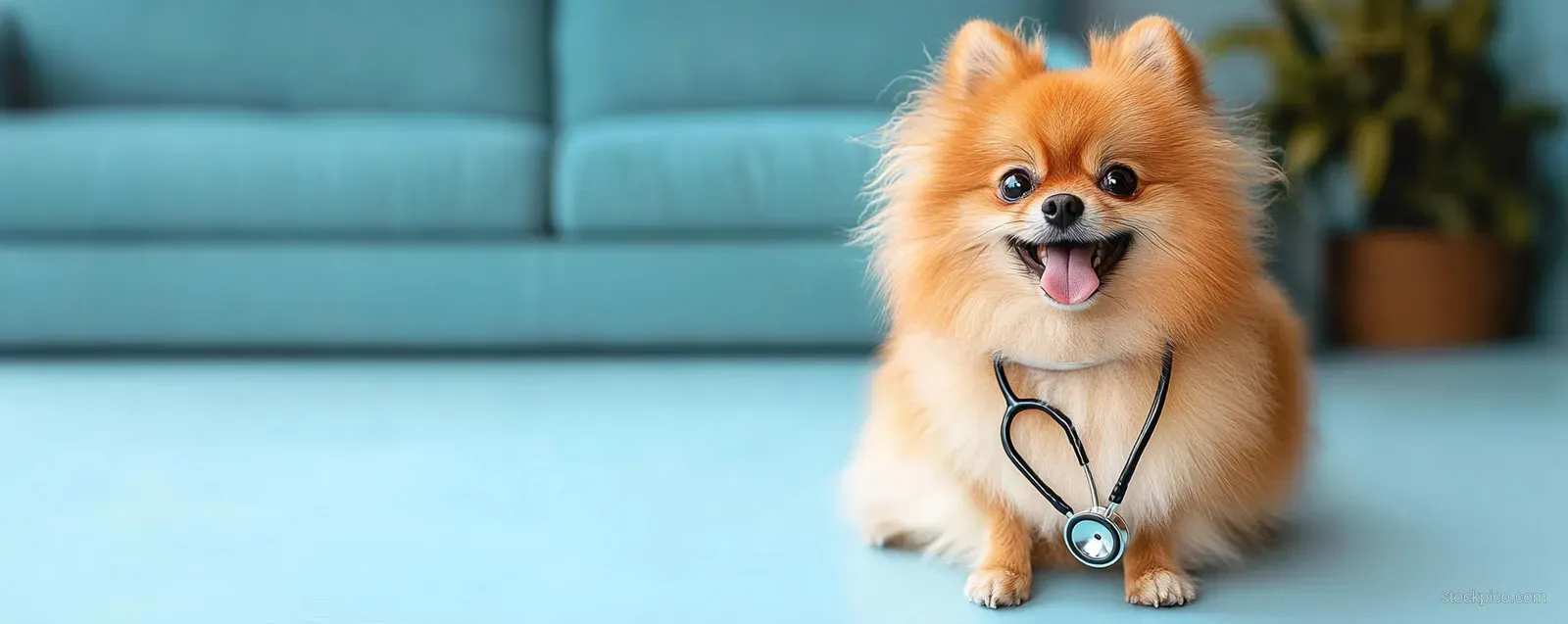 A fluffy small dog sits on a living room floor wearing a stethoscope while smiling toward the camera.