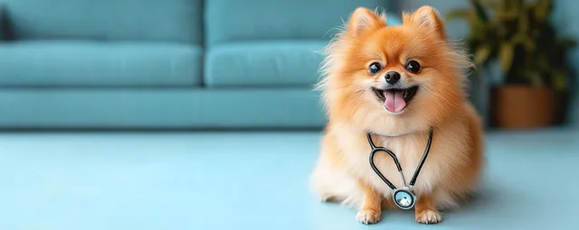 Fluffy small dog sitting on living room floor wearing a stethoscope