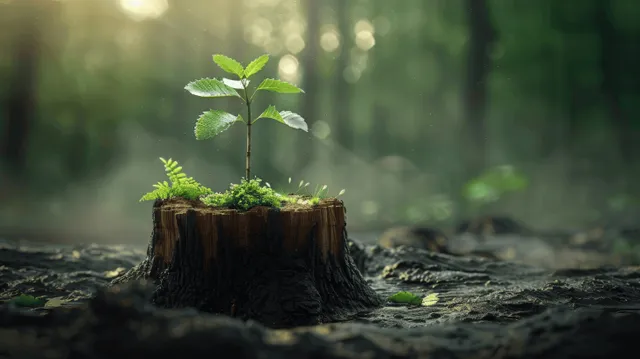 Young tree sprouts from old stump in misty dark forest, fresh green leaves