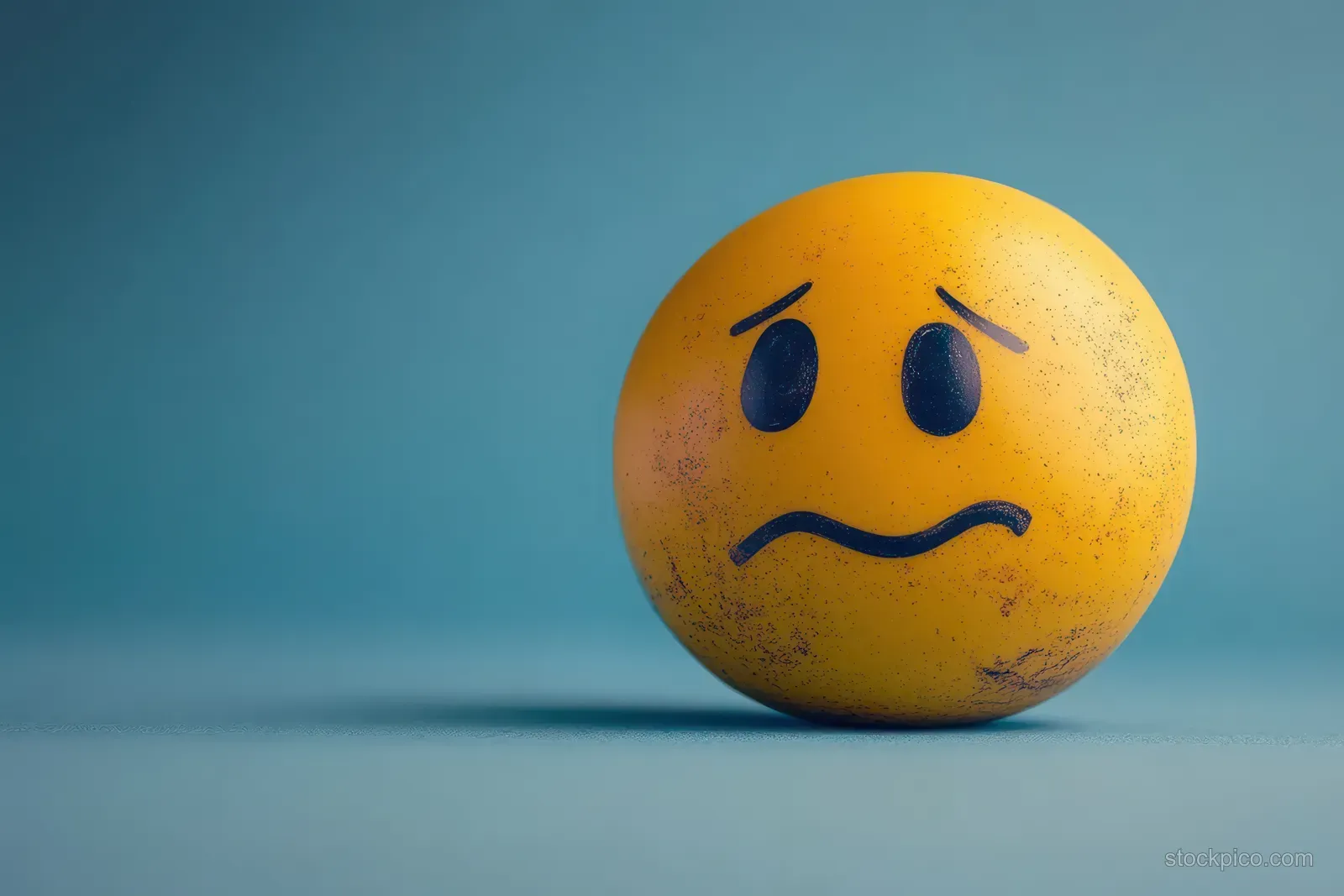 Yellow stress ball with a worried sad face expression on a solid blue background.
