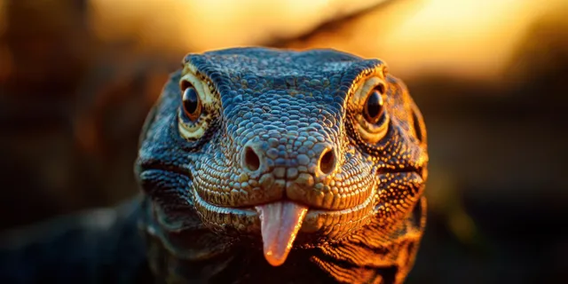 Close-up of a blue-gray lizard with its tongue out, photographed in warm golden sunset lighting.