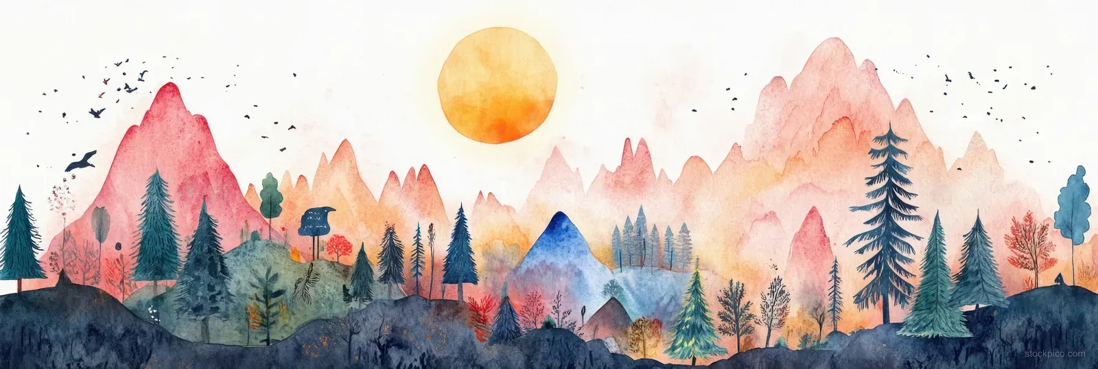 Watercolor mountains at dusk with colorful peaks, pine tree silhouettes, and a glowing sun above a misty valley.