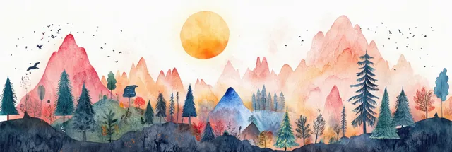 Whimsical watercolor mountain landscape at dusk with colorful peaks and pine silhouettes