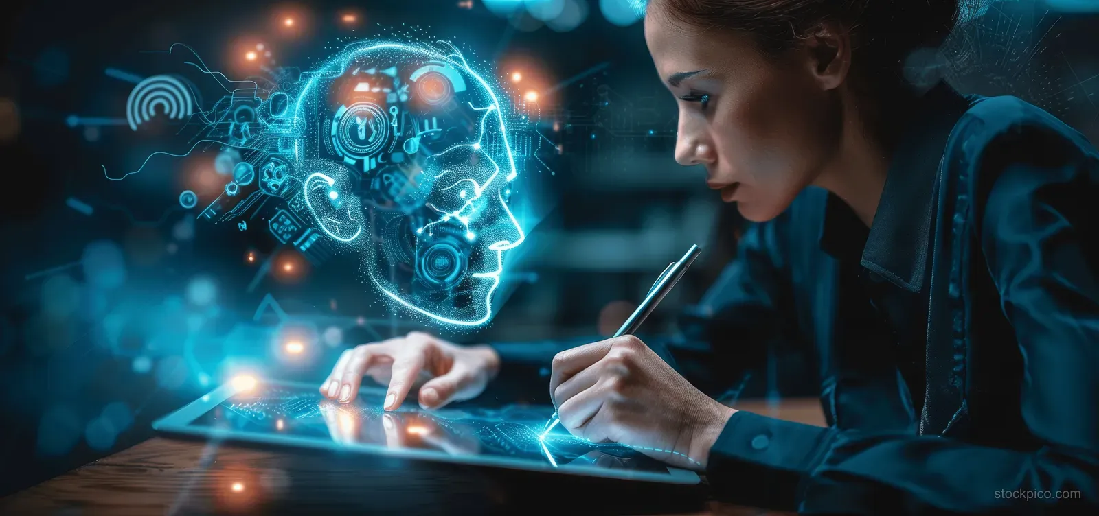Woman writing beside a glowing AI face and digital data interface in a dark workspace.