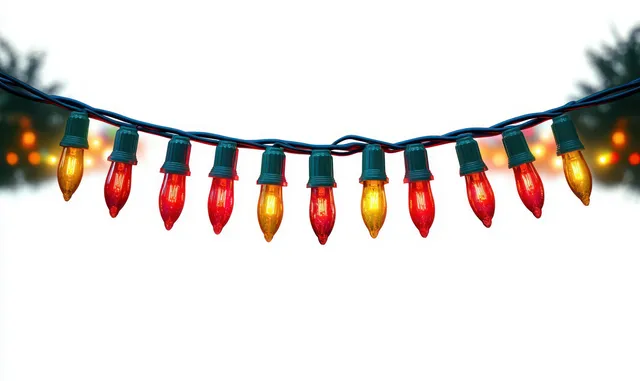 Red and yellow holiday bulbs glow along a hanging string against a bright blurred background.
