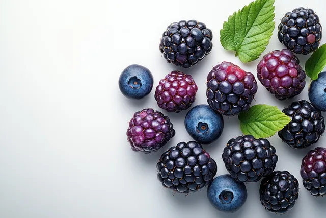 A minimalist arrangement of blackberries and blueberries on a bright white background highlights their fresh texture.