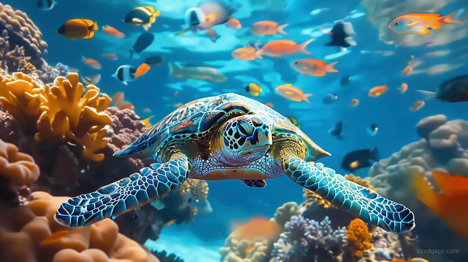 Sea turtle swimming over coral reef with colorful fish in clear blue water.