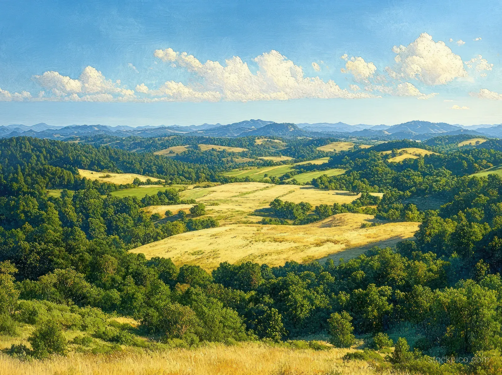 Rolling green hills and golden farmland stretch across a valley beneath a bright blue sky with scattered fluffy clouds.