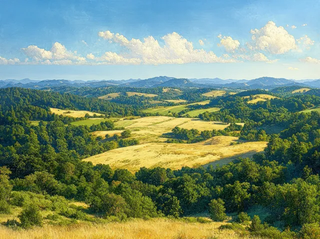 Rolling green hills and golden fields under blue sky with fluffy clouds