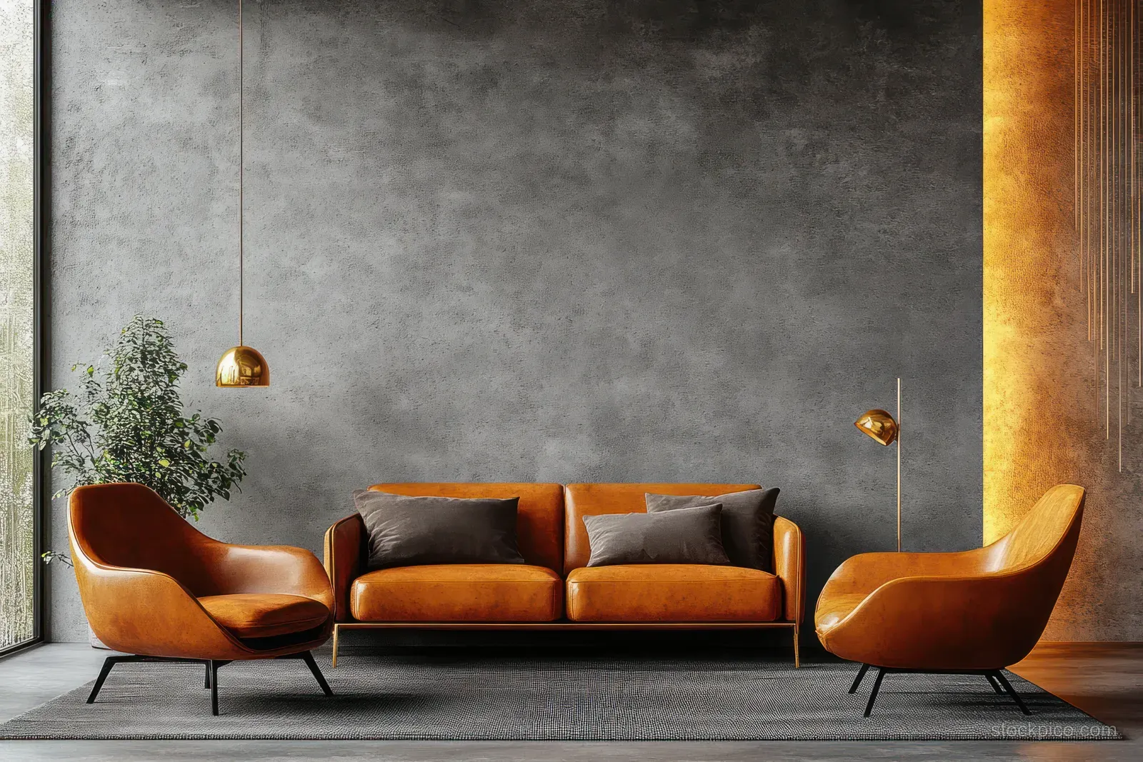 Orange leather sofa and armchairs in a minimalist living room with concrete walls, pendant lights, and an indoor plant.