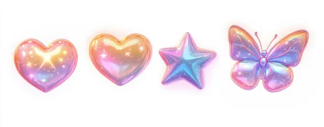 Iridescent heart, star, and butterfly shapes with glittery reflections on white background