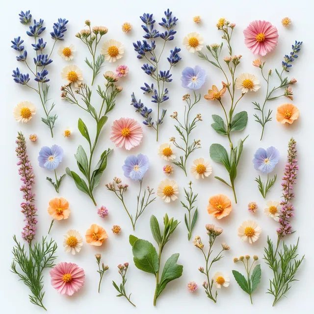 Assorted wildflowers with green leaves arranged on a white background, with pink, blue, and yellow blooms.