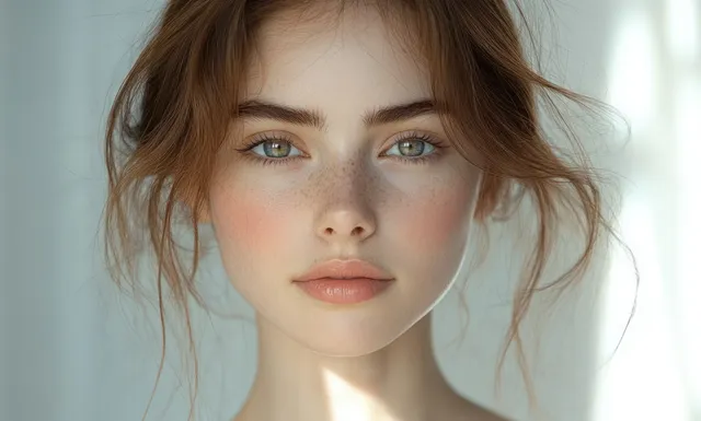 Smiling blonde woman applying moisturizer on glowing face in minimalist studio with soft light