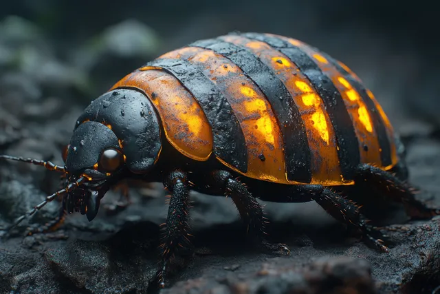An orange-ringed isopod crawls on dark textured soil in a close-up macro view.