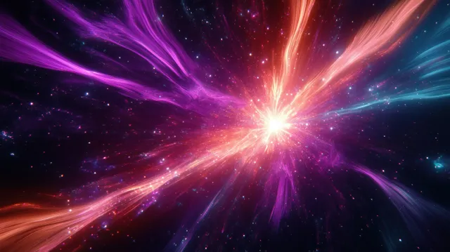 A bright starburst cosmic explosion sends purple, blue, and red light trails through a star-filled space scene.