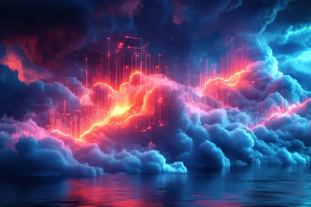 Neon red and blue data streams glow above reflective water with stormy clouds under a starry night sky.