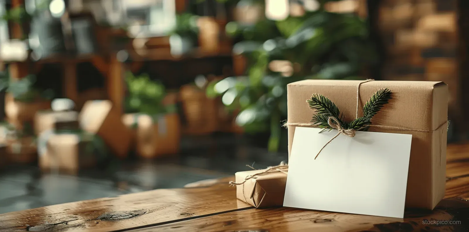 Wrapped gift box on a wooden table with an attached blank greeting card and small pine sprig decoration.