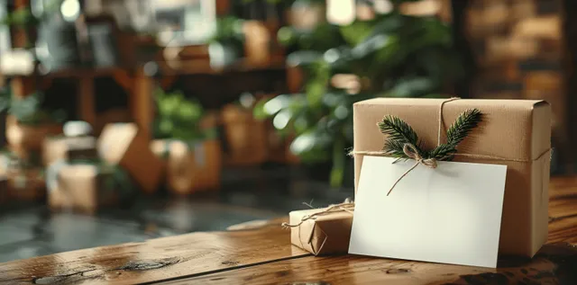 Elegant gift box with blank greeting card tied with twine on wooden table