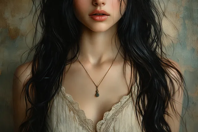 Mujer india sonriente con cabello negro largo en un retrato en primer plano, suave luz natural y fondo texturizado.