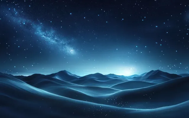 Milky Way over rolling desert dunes at night with blue moonlit glow and starlit horizon