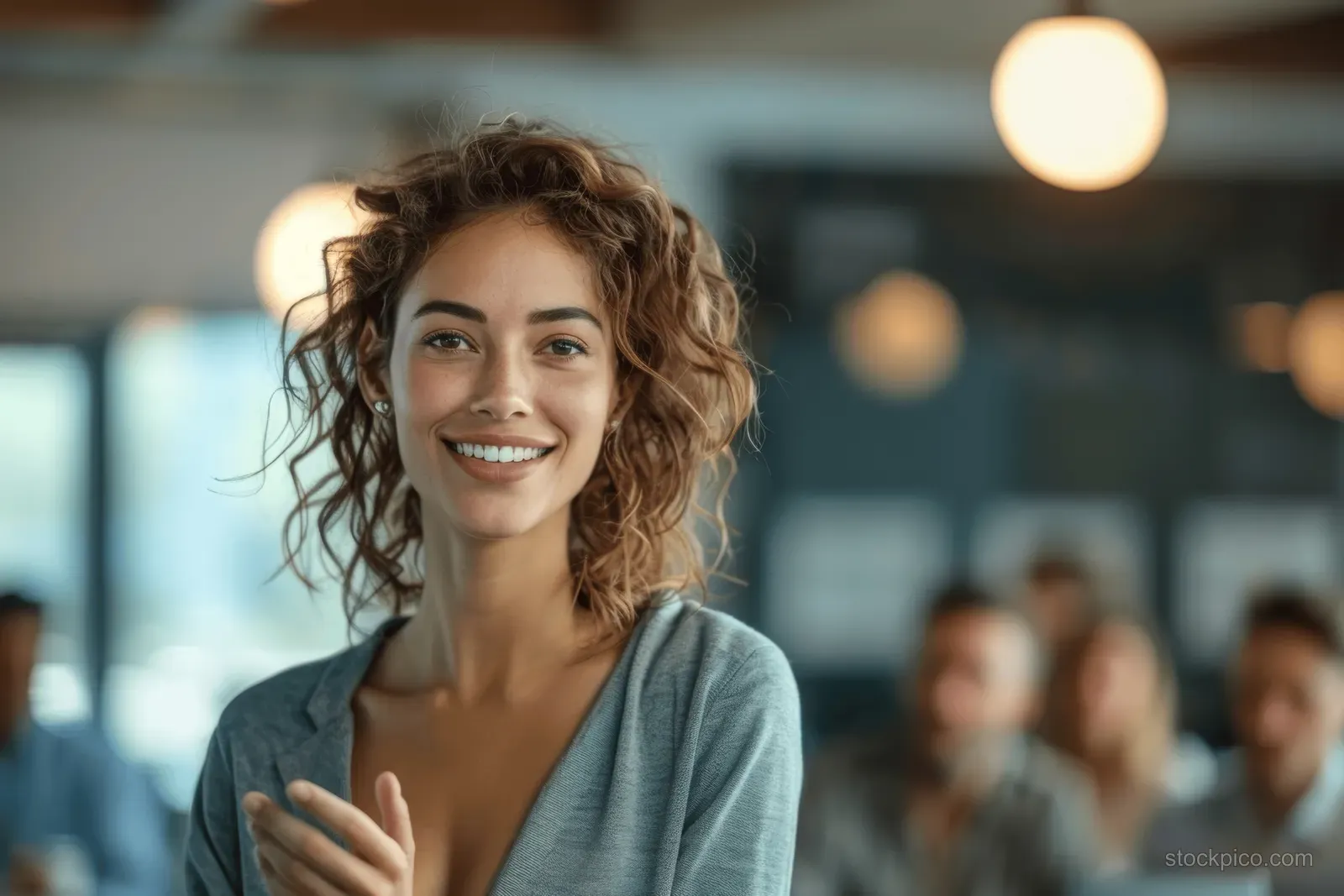 Smiling businesswoman gestures while speaking to an audience in a corporate seminar room with blurred attendees behind.