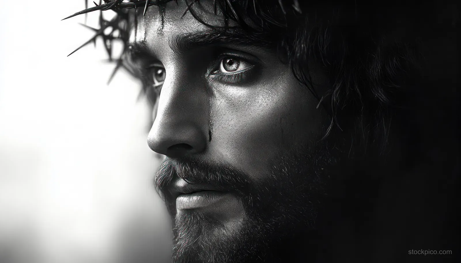 Bearded young man wearing a crown of thorns in monochrome, tear visible on his cheek as he looks contemplative.